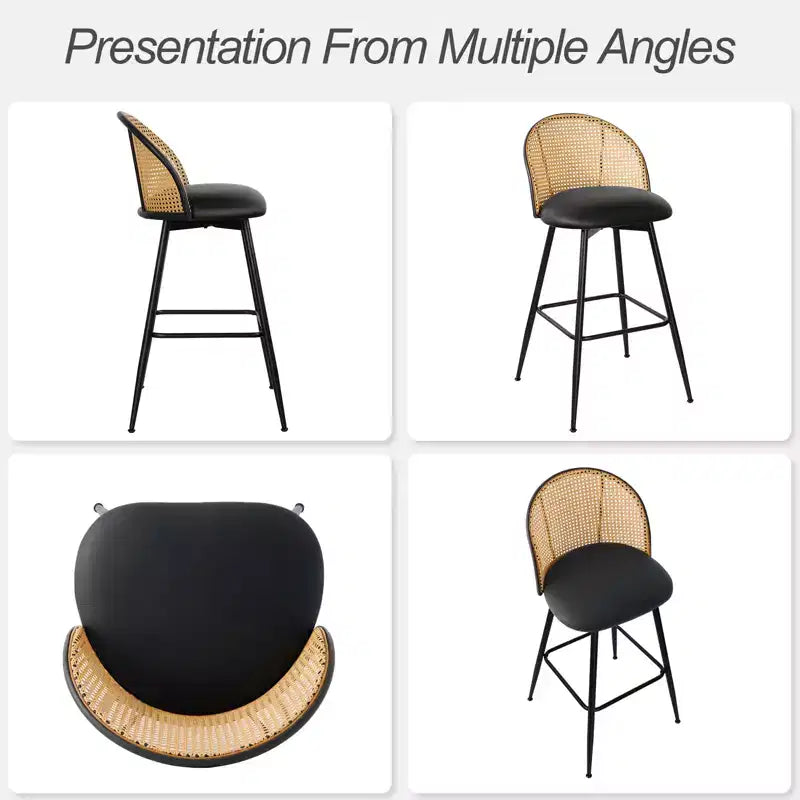 Tabourets de Bar Pivotants du Milieu du Siècle Moderne Lot de 2/3/4, Chaises de Bar Rembourrées en Similicuir avec Dossier en Rotin et Pieds en Métal pour Comptoir de Cuisine