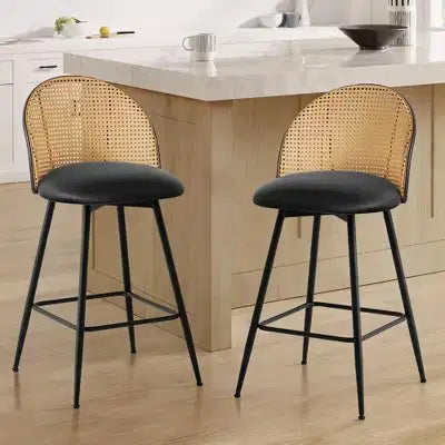 Tabourets de Bar Pivotants du Milieu du Siècle Moderne Lot de 2/3/4, Chaises de Bar Rembourrées en Similicuir avec Dossier en Rotin et Pieds en Métal pour Comptoir de Cuisine
