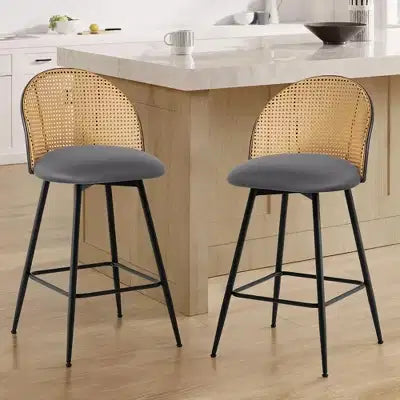 Tabourets de Bar Pivotants du Milieu du Siècle Moderne Lot de 2/3/4, Chaises de Bar Rembourrées en Similicuir avec Dossier en Rotin et Pieds en Métal pour Comptoir de Cuisine
