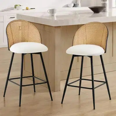 Tabourets de Bar Pivotants du Milieu du Siècle Moderne Lot de 2/3/4, Chaises de Bar Rembourrées en Similicuir avec Dossier en Rotin et Pieds en Métal pour Comptoir de Cuisine