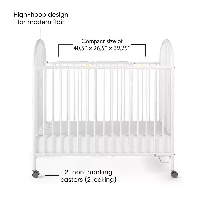 Child Craft Sweet Dreamer Arched Compact Folding Portable Crib with 3 Crib Mattress &amp; 2 Locking Wheels, Durable Construction, Easy to Clean (White)