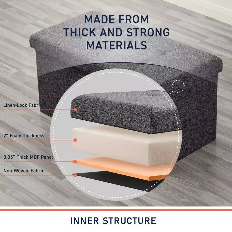 Banc de rangement pliant capitonné en lin de 76 cm