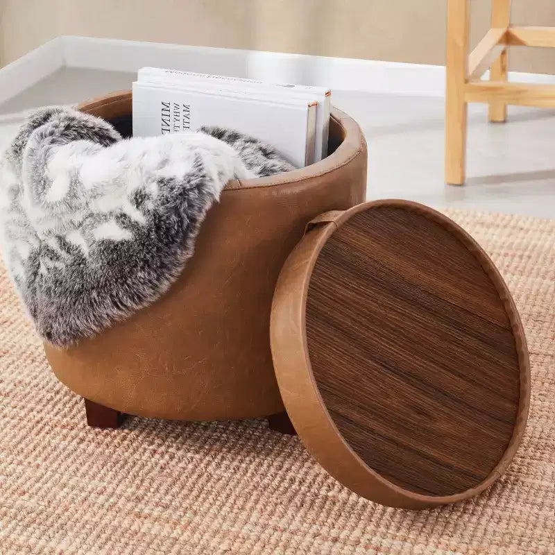 Pouf de rangement rond en similicuir avec couvercle/plateau