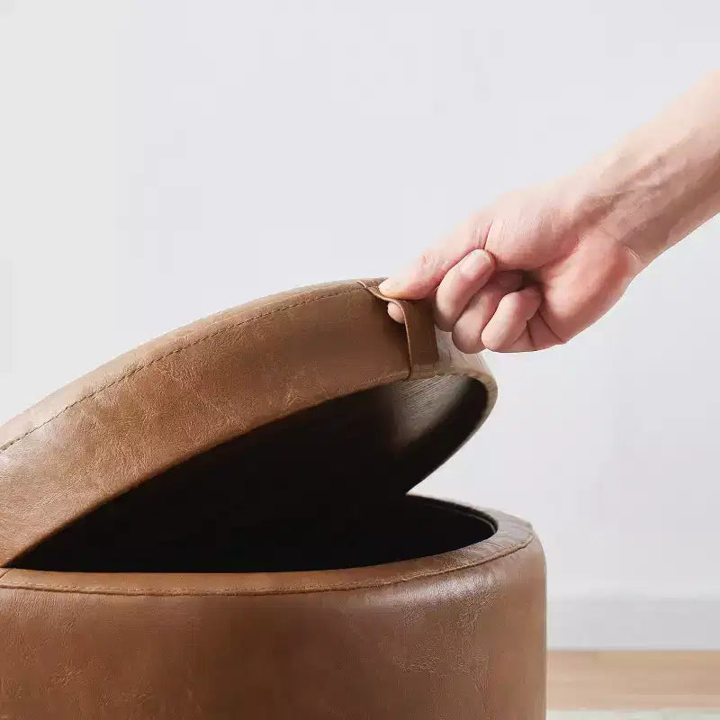Pouf de rangement rond en similicuir avec couvercle/plateau