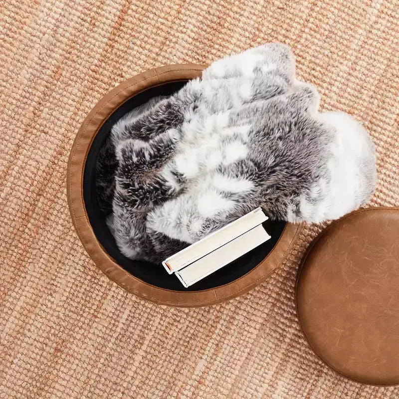 Pouf de rangement rond en similicuir avec couvercle/plateau