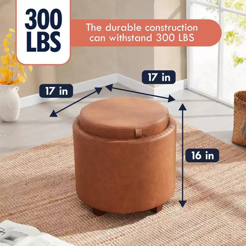 Pouf de rangement rond en similicuir avec couvercle/plateau