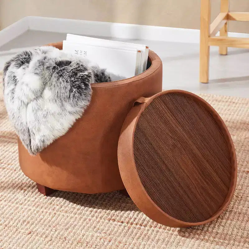 Pouf de rangement rond en similicuir avec couvercle/plateau