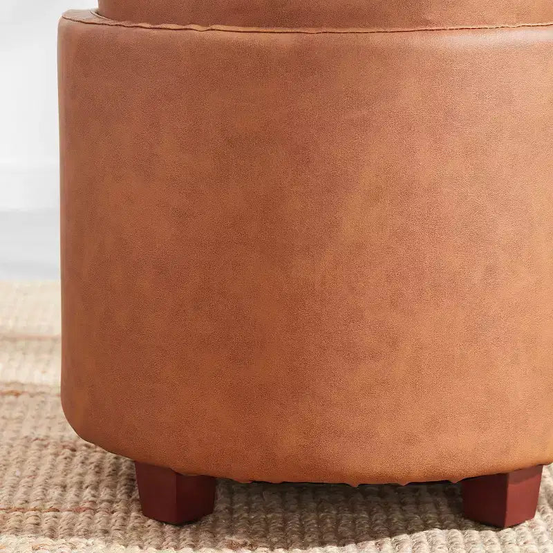 Pouf de rangement rond en similicuir avec couvercle/plateau