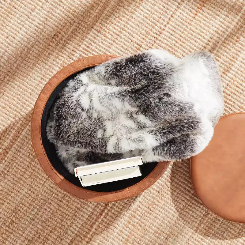 Pouf de rangement rond en similicuir avec couvercle/plateau
