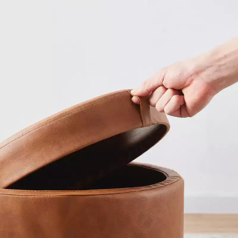 Pouf de rangement rond en similicuir avec couvercle/plateau