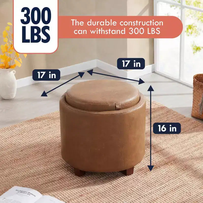 Pouf de rangement rond en similicuir avec couvercle/plateau