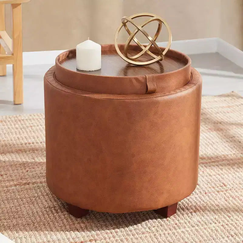 Ornavo Home Lawrence Round Faux Leather Storage Ottoman with Table Top Lid