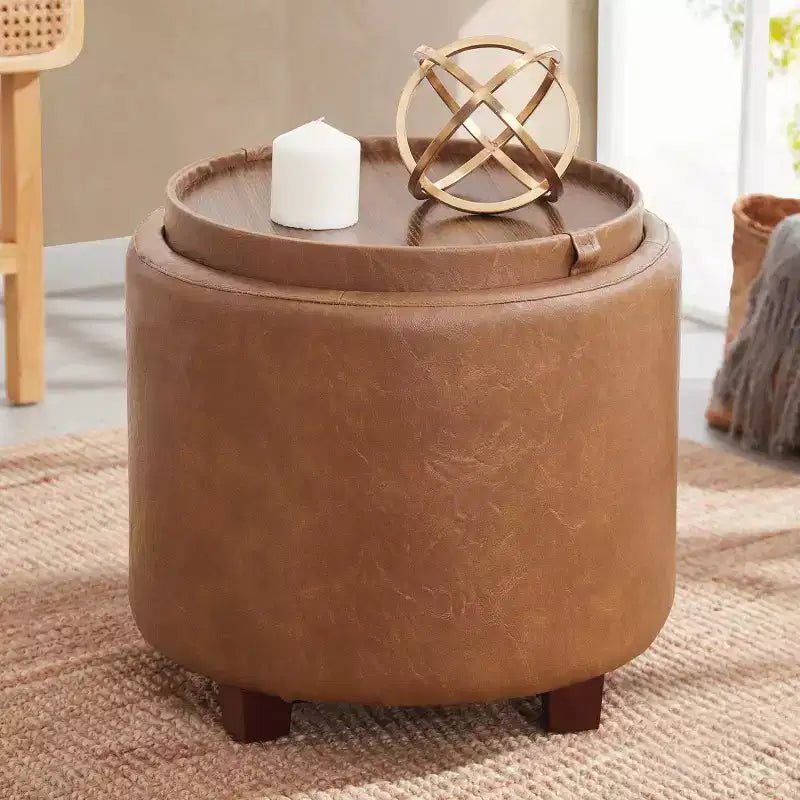 Pouf de rangement rond en similicuir avec couvercle/plateau