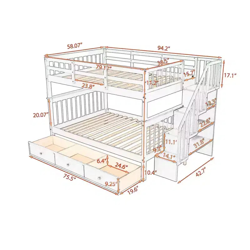 Lit superposé avec escalier, couchages superposés, tiroir, rangement et garde-corps pour chambre à coucher