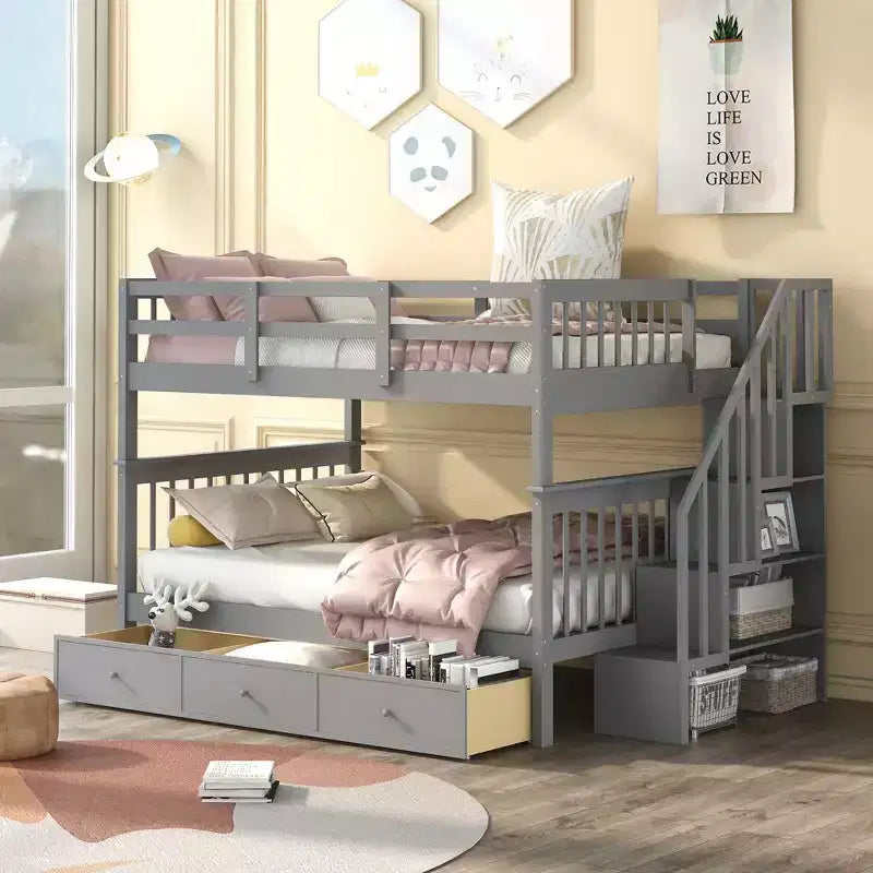 Lit superposé avec escalier, couchages superposés, tiroir, rangement et garde-corps pour chambre à coucher