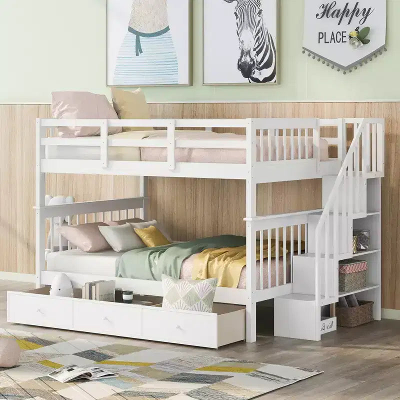 Lit superposé avec escalier, couchages superposés, tiroir, rangement et garde-corps pour chambre à coucher