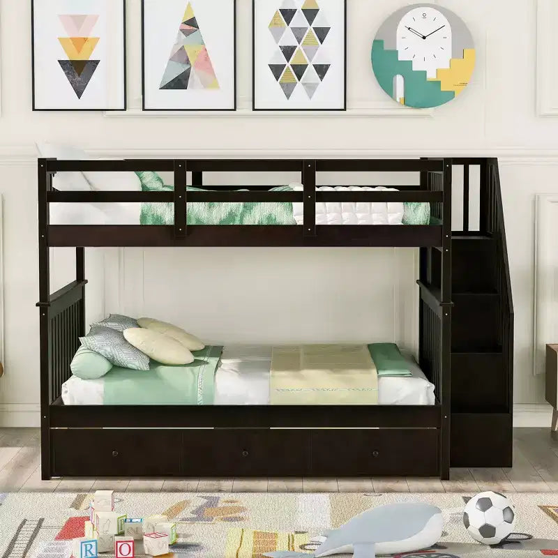 Whisen Stairway Full-Over-Full Bunk Bed with Drawer, Storage and Guard Rail for Bedroom