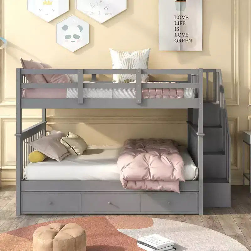 Lit superposé avec escalier, couchages superposés, tiroir, rangement et garde-corps pour chambre à coucher