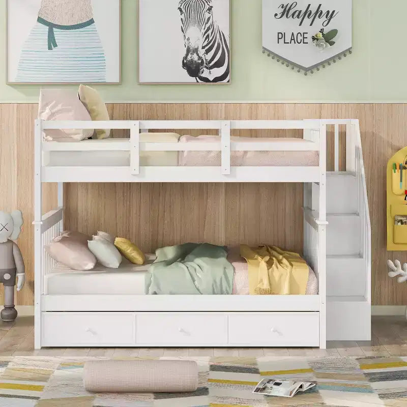 Lit superposé avec escalier, couchages superposés, tiroir, rangement et garde-corps pour chambre à coucher