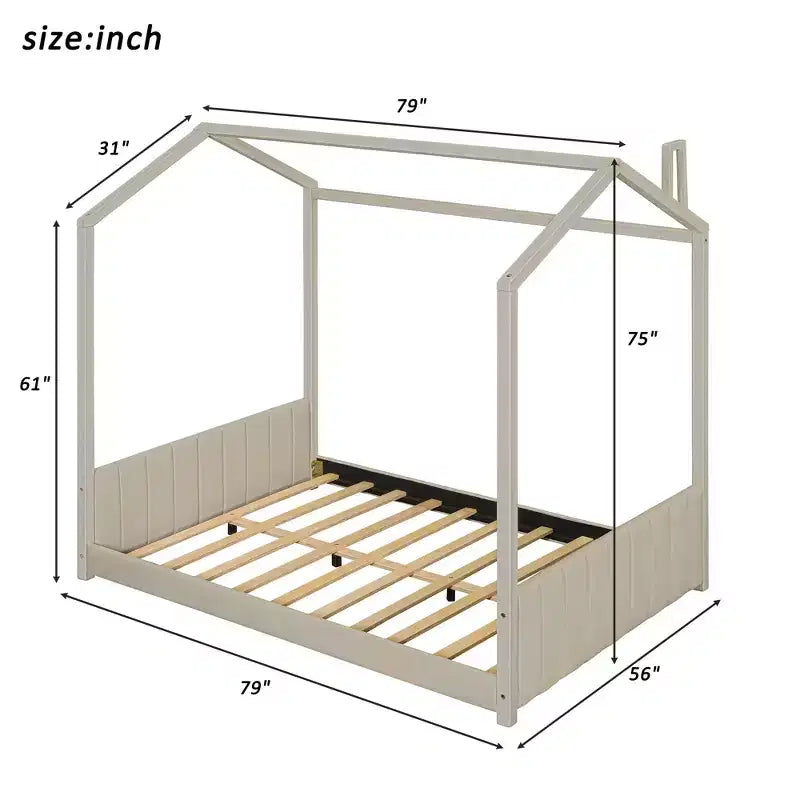Lit cabane en velours pleine taille avec sommier en bois