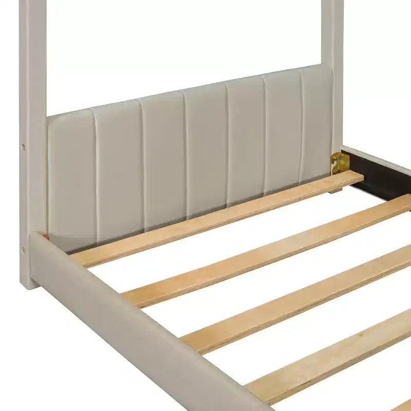Lit cabane en velours pleine taille avec sommier en bois