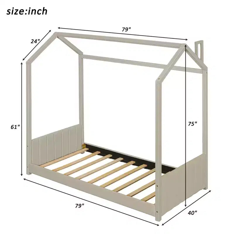 Lit cabane en velours pleine taille avec sommier en bois