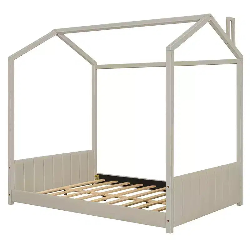 Lit cabane en velours pleine taille avec sommier en bois