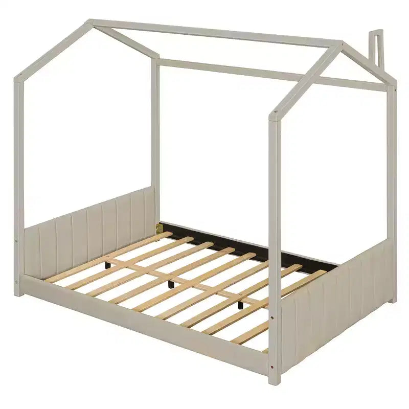 Lit cabane en velours pleine taille avec sommier en bois