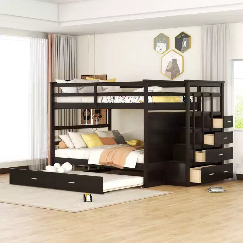 Full Over Full Bunk Bed with Twin Trundle, Storage Drawers &amp; Staircase, Wooden Loft Bed Frame - ModernLuxe