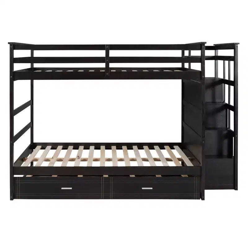 Lit superposé double sur double avec lit gigogne simple, tiroirs de rangement et escalier, cadre de lit mezzanine en bois