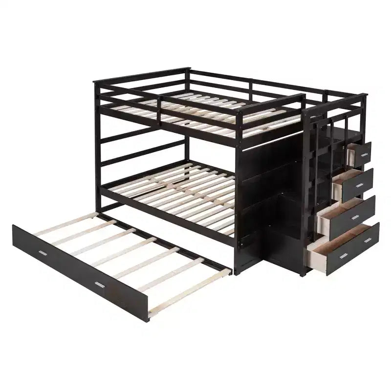 Lit superposé double sur double avec lit gigogne simple, tiroirs de rangement et escalier, cadre de lit mezzanine en bois