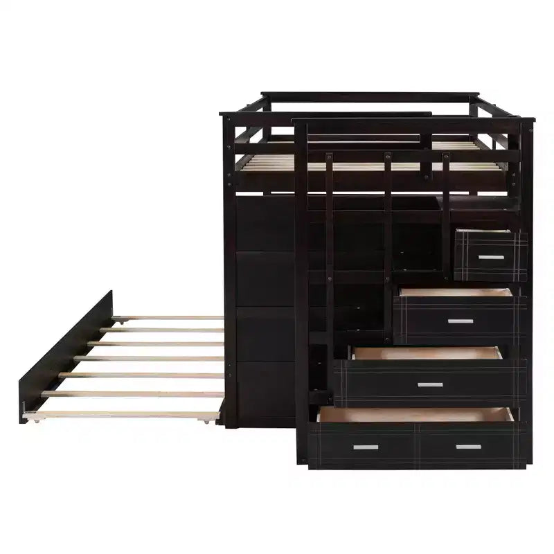 Lit superposé double sur double avec lit gigogne simple, tiroirs de rangement et escalier, cadre de lit mezzanine en bois