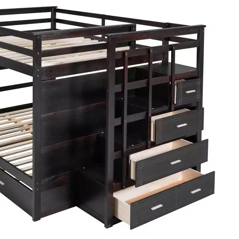Lit superposé double sur double avec lit gigogne simple, tiroirs de rangement et escalier, cadre de lit mezzanine en bois