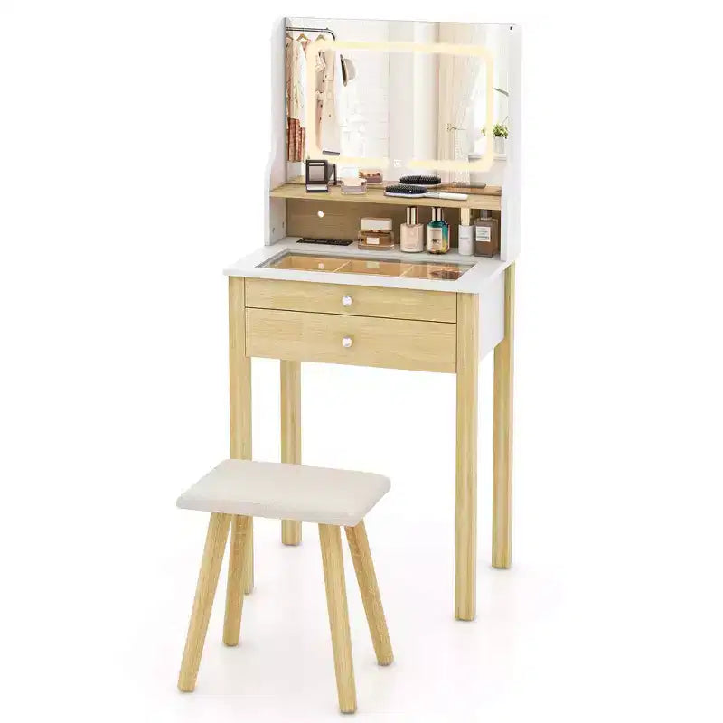 Petit ensemble de coiffeuse avec miroir lumineux LED réglable et prises de courant Blanc