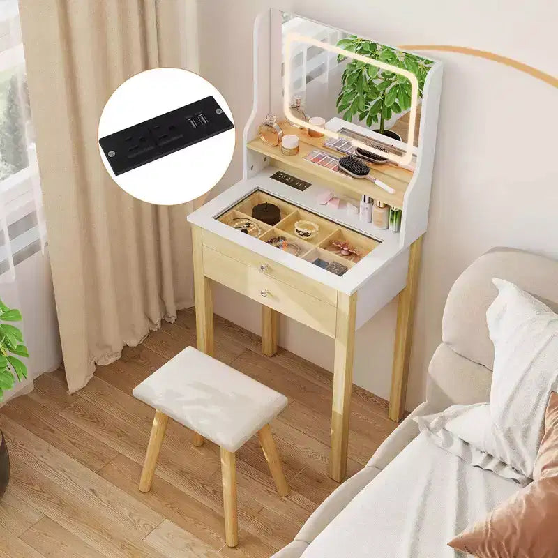 Petit ensemble de coiffeuse avec miroir lumineux LED réglable et prises de courant Blanc
