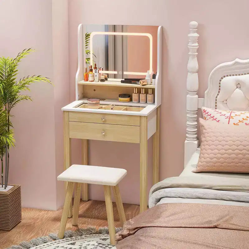 Petit ensemble de coiffeuse avec miroir lumineux LED réglable et prises de courant Blanc