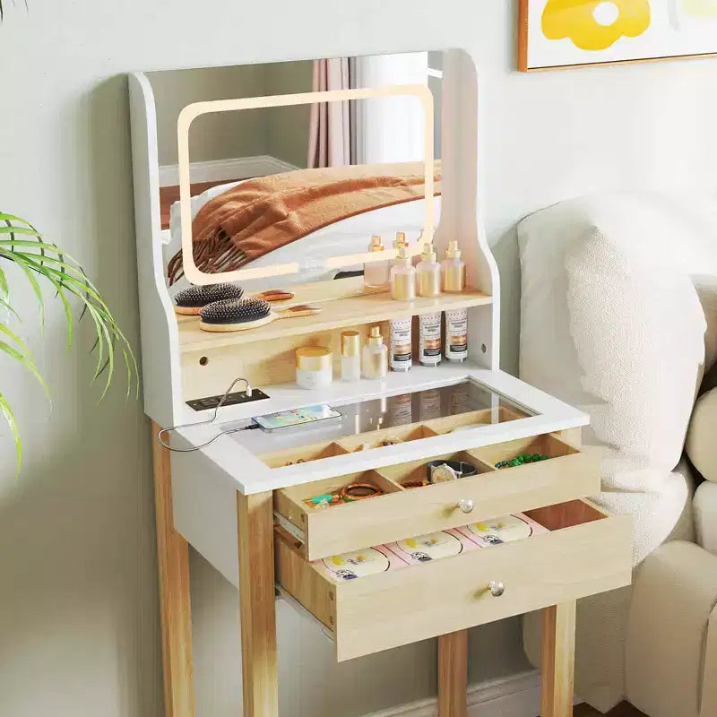 Petit ensemble de coiffeuse avec miroir lumineux LED réglable et prises de courant Blanc