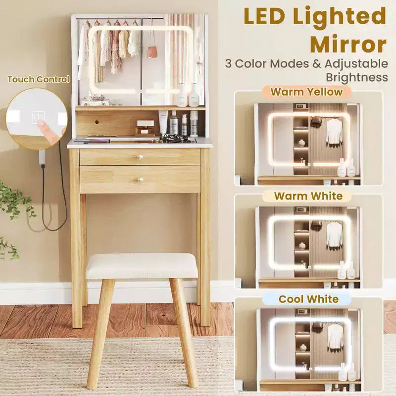 Petit ensemble de coiffeuse avec miroir lumineux LED réglable et prises de courant Blanc