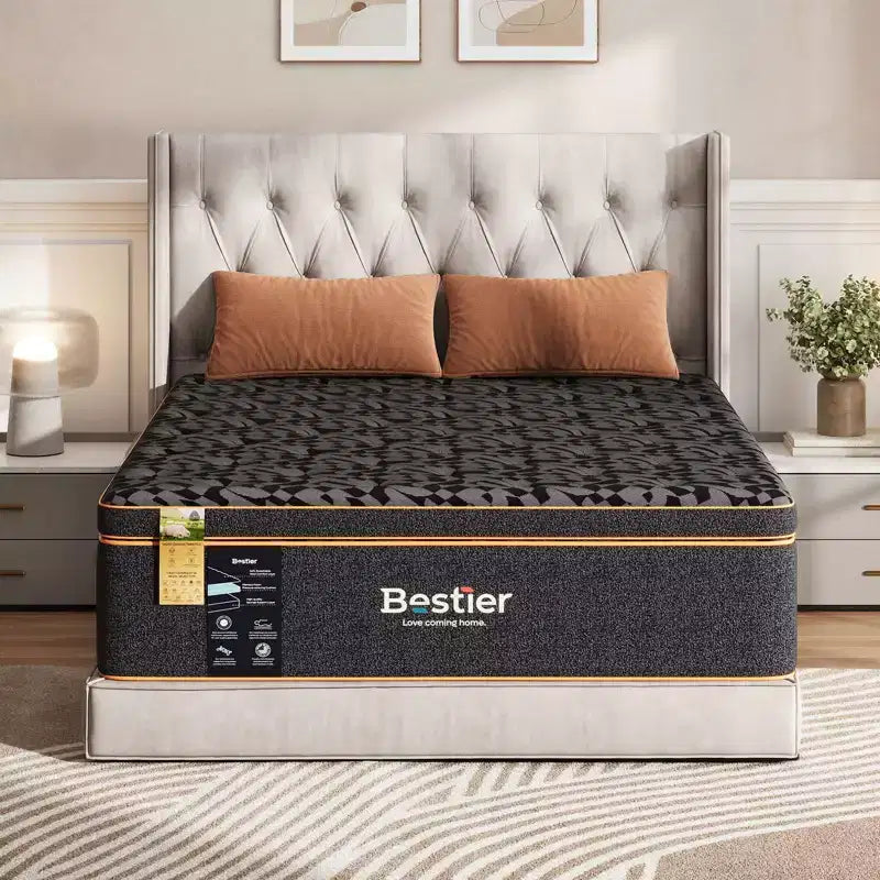 Bestier 14 Cal King Size Mattress, Cooling Gel Memory Foam Black Mattress, Organic Wool Mattress, Lumbar Support Spring for Superior Comfort
