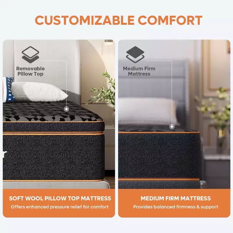 Matelas California King Size, matelas noir en mousse à mémoire de forme rafraîchissante, matelas en laine biologique, ressort lombaire pour un confort supérieur