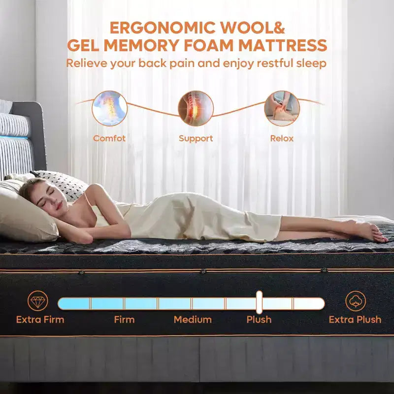 Matelas California King Size, matelas noir en mousse à mémoire de forme rafraîchissante, matelas en laine biologique, ressort lombaire pour un confort supérieur