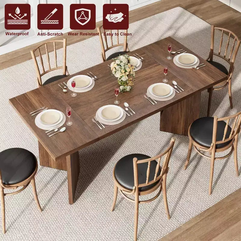 Table à manger rectangulaire de 180 cm pour 6 personnes, longue table de cuisine de style rustique avec grand plateau, table à manger en bois avec pieds robustes