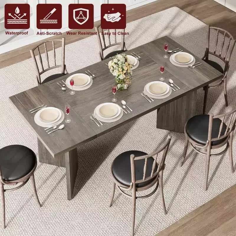 Table à manger rectangulaire de 180 cm pour 6 personnes, longue table de cuisine de style rustique avec grand plateau, table à manger en bois avec pieds robustes