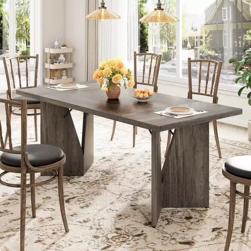 Table à manger rectangulaire de 180 cm pour 6 personnes, longue table de cuisine de style rustique avec grand plateau, table à manger en bois avec pieds robustes