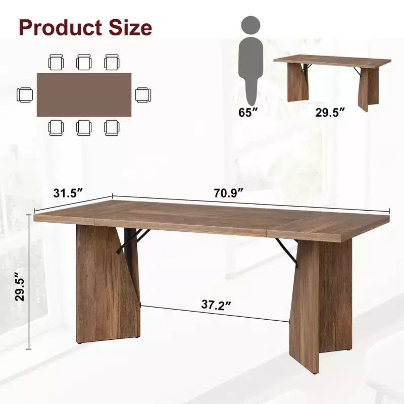 Table à manger rectangulaire de 180 cm pour 6 personnes, longue table de cuisine de style rustique avec grand plateau, table à manger en bois avec pieds robustes