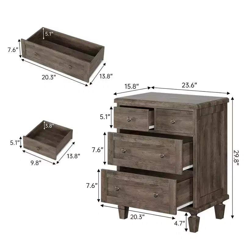 Commode 4 tiroirs pour chambre à coucher, commode vintage avec poignées sculptées et pieds fuselés, commode en bois avec grande capacité de rangement