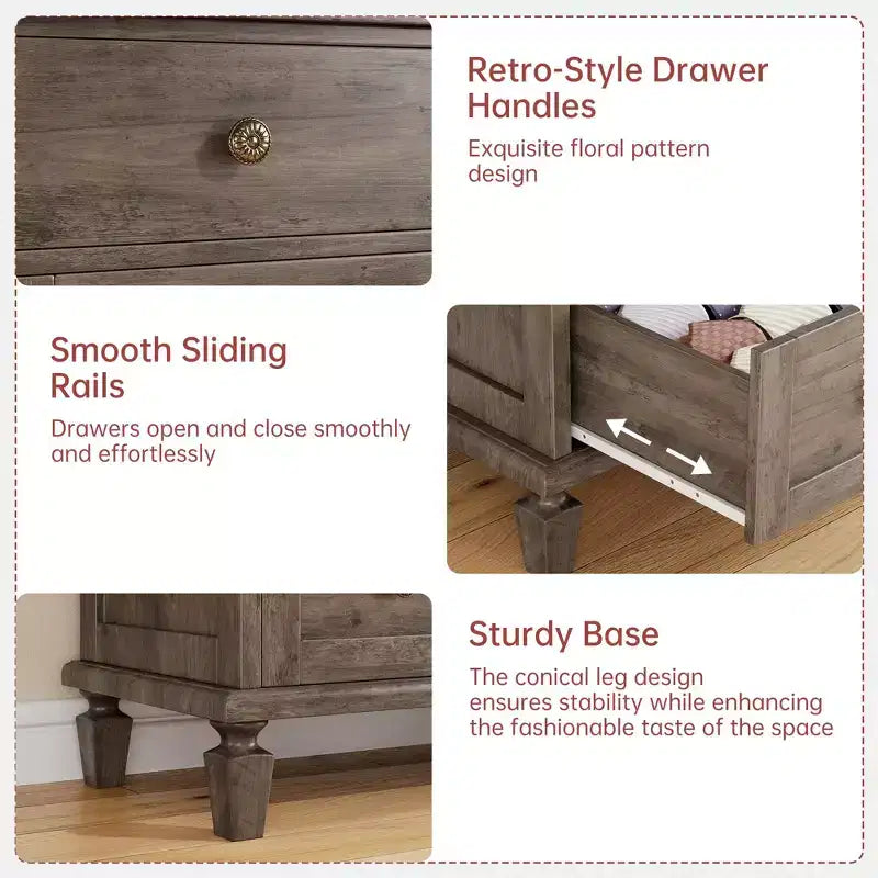 Commode 4 tiroirs pour chambre à coucher, commode vintage avec poignées sculptées et pieds fuselés, commode en bois avec grande capacité de rangement