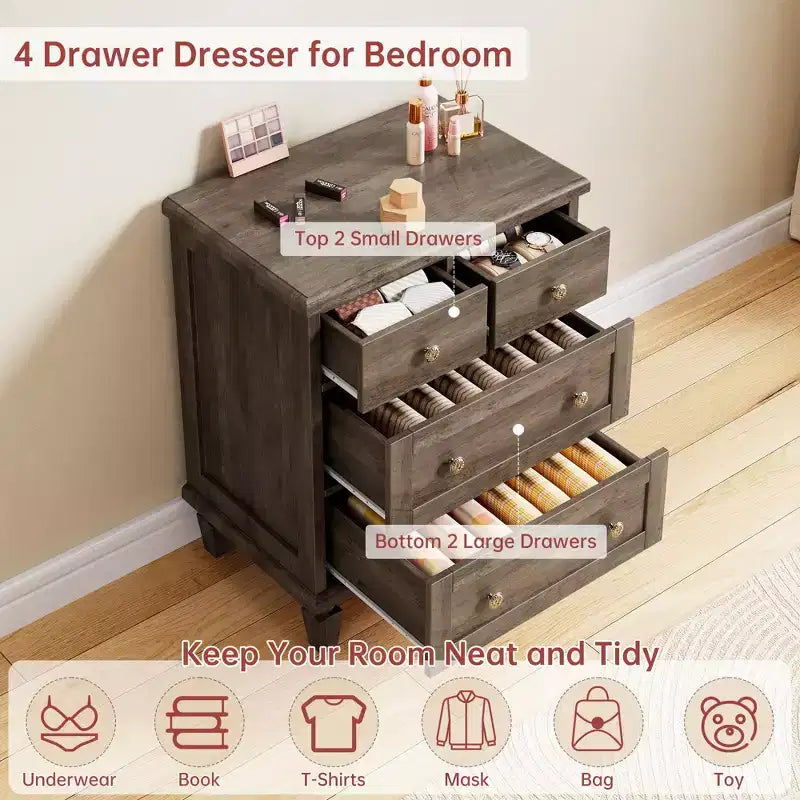 Commode 4 tiroirs pour chambre à coucher, commode vintage avec poignées sculptées et pieds fuselés, commode en bois avec grande capacité de rangement