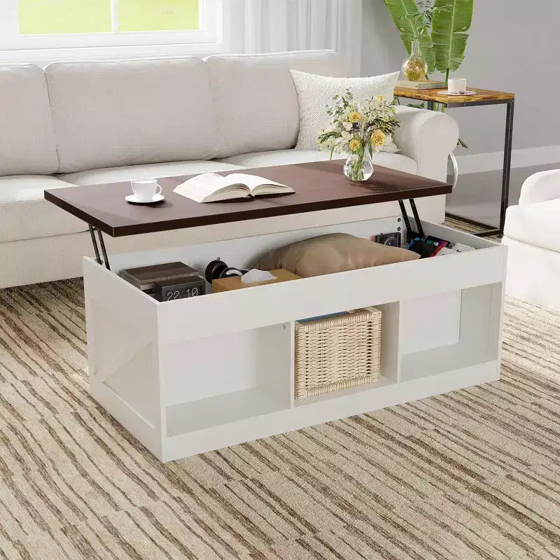 Table basse relevable avec rangement caché, Table d'appoint de style rustique pour le salon