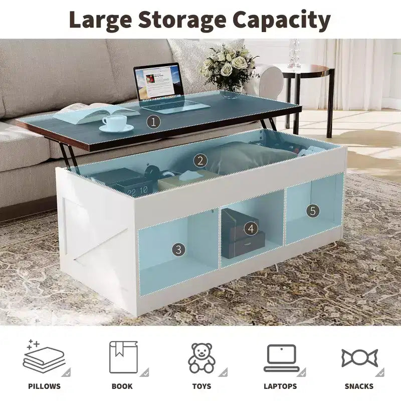 Table basse relevable avec rangement caché, Table d'appoint de style rustique pour le salon